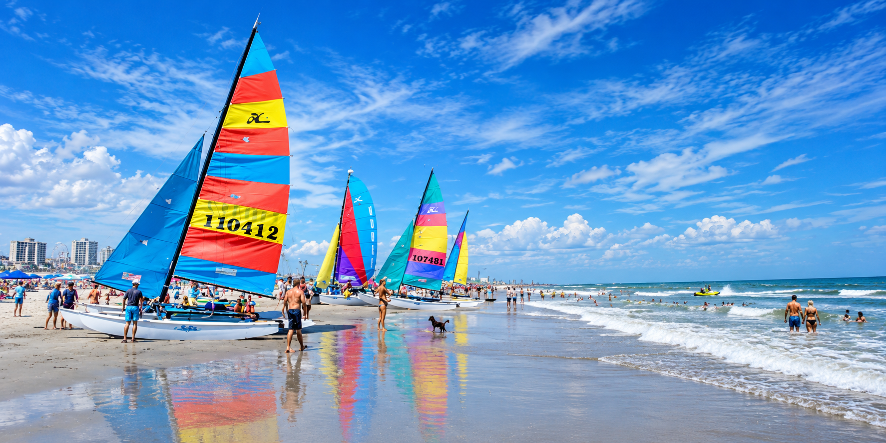Colorful Hobie catamarans lined up on the Wildwood Crest beach