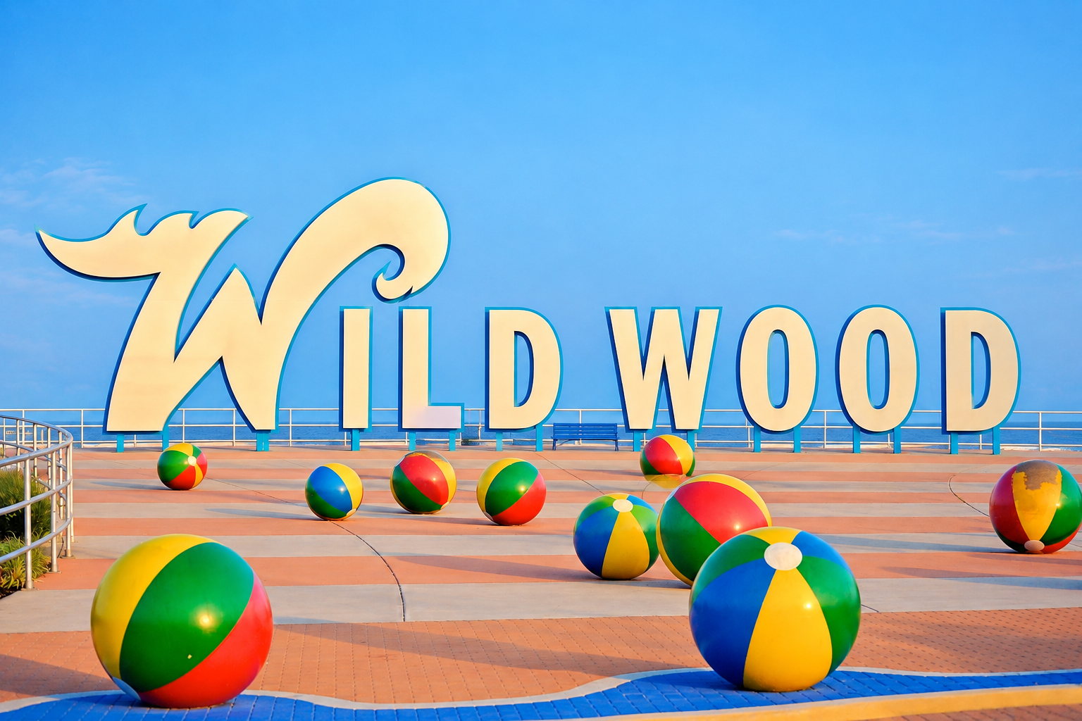 The Wildwood sign and giant beach balls on the boardwalk plaza